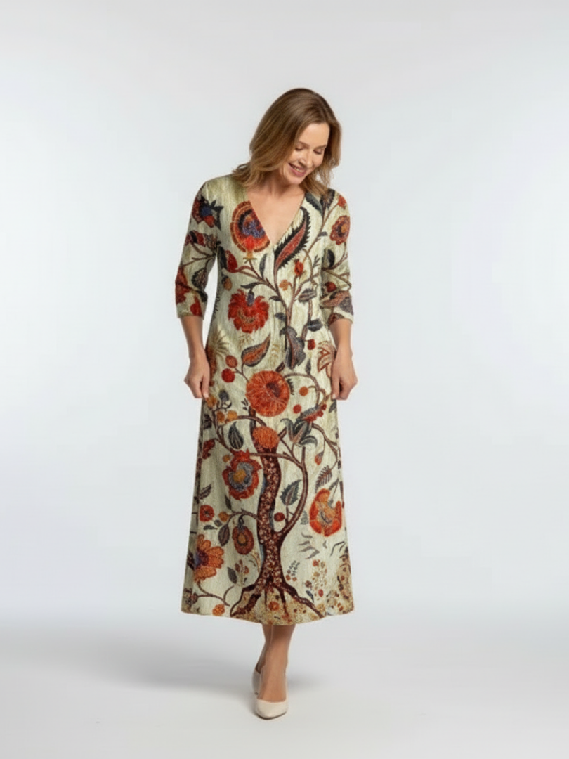 Corisande | Rochie Midi Florală cu Mâneci Lungi și Decolteu în V