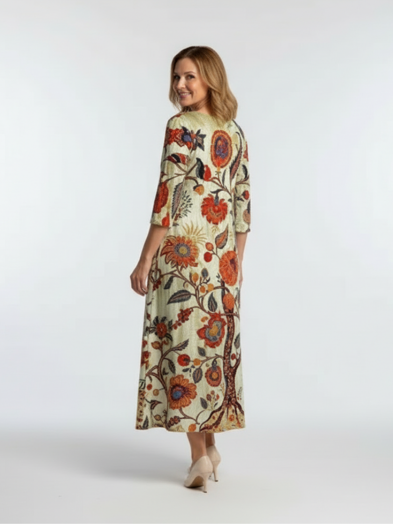 Corisande | Rochie Midi Florală cu Mâneci Lungi și Decolteu în V