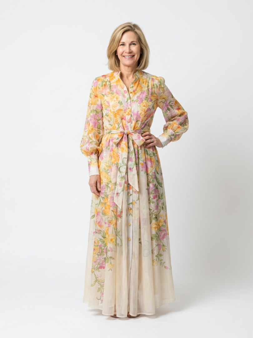 Cressida | Rochie maxi cu mâneci lungi dintr-un material floral delicat