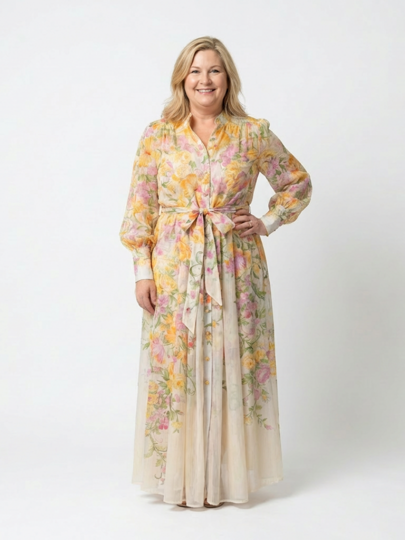 Cressida | Rochie maxi cu mâneci lungi dintr-un material floral delicat