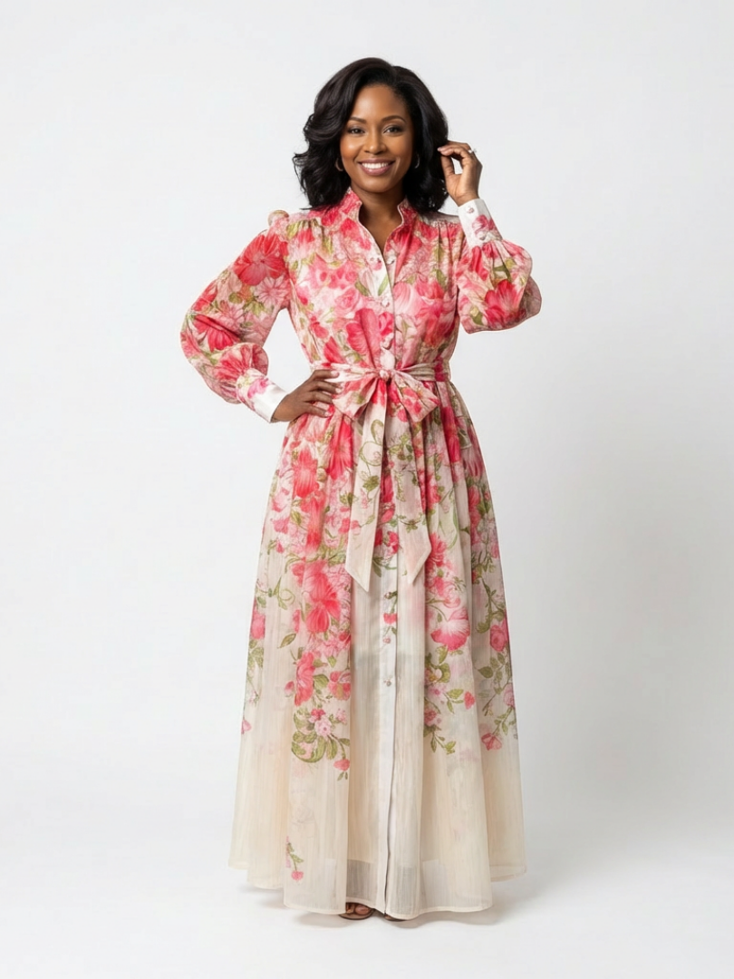 Cressida | Rochie maxi cu mâneci lungi dintr-un material floral delicat