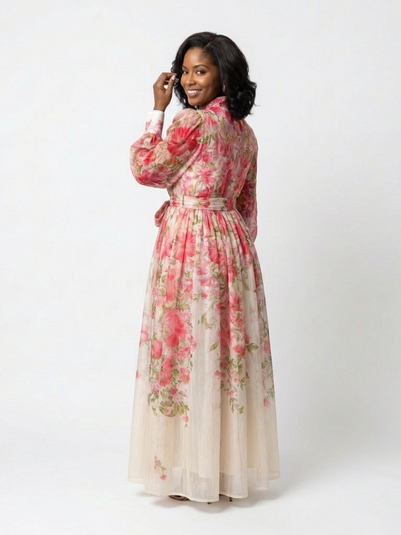 Cressida | Rochie maxi cu mâneci lungi dintr-un material floral delicat