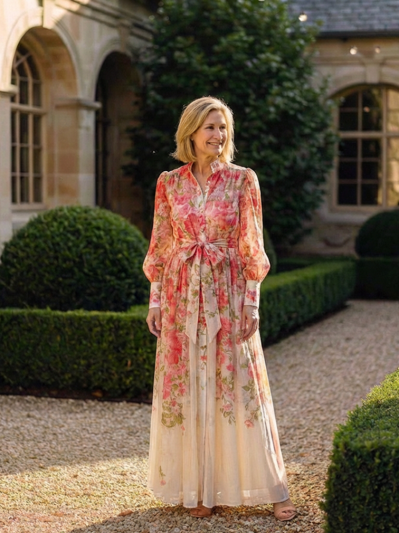 Cressida | Rochie maxi cu mâneci lungi dintr-un material floral delicat