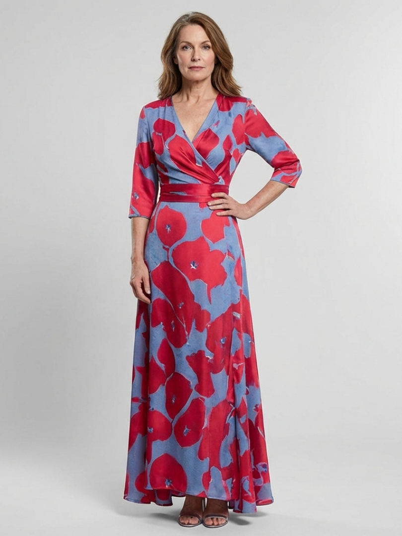 Danielle | Rochie Maxi Florală cu Mâneci Trei Sferturi și Decolteu în V