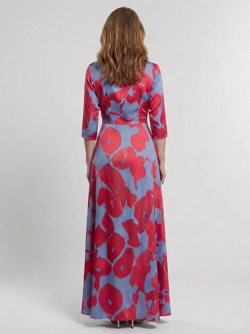 Danielle | Rochie Maxi Florală cu Mâneci Trei Sferturi și Decolteu în V