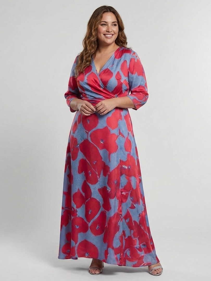 Danielle | Rochie Maxi Florală cu Mâneci Trei Sferturi și Decolteu în V