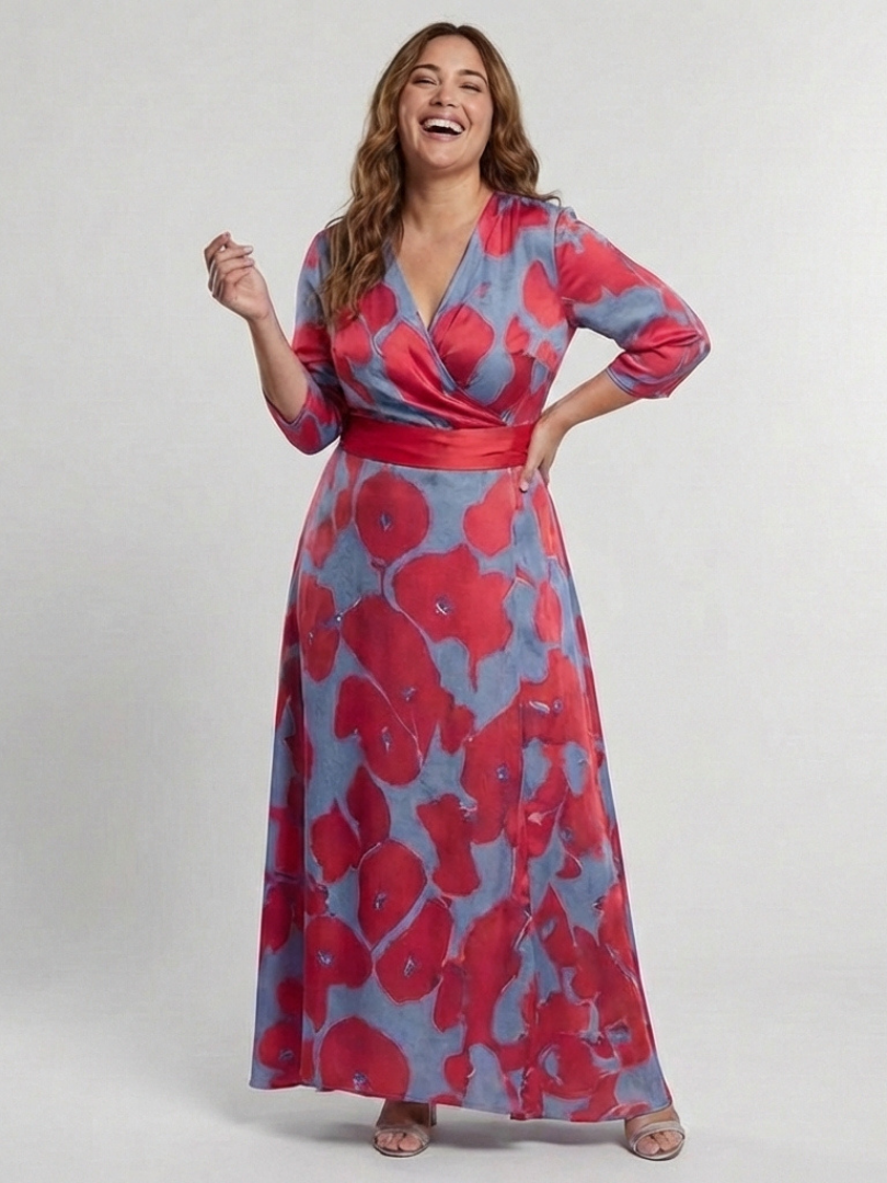 Danielle | Rochie Maxi Florală cu Mâneci Trei Sferturi și Decolteu în V