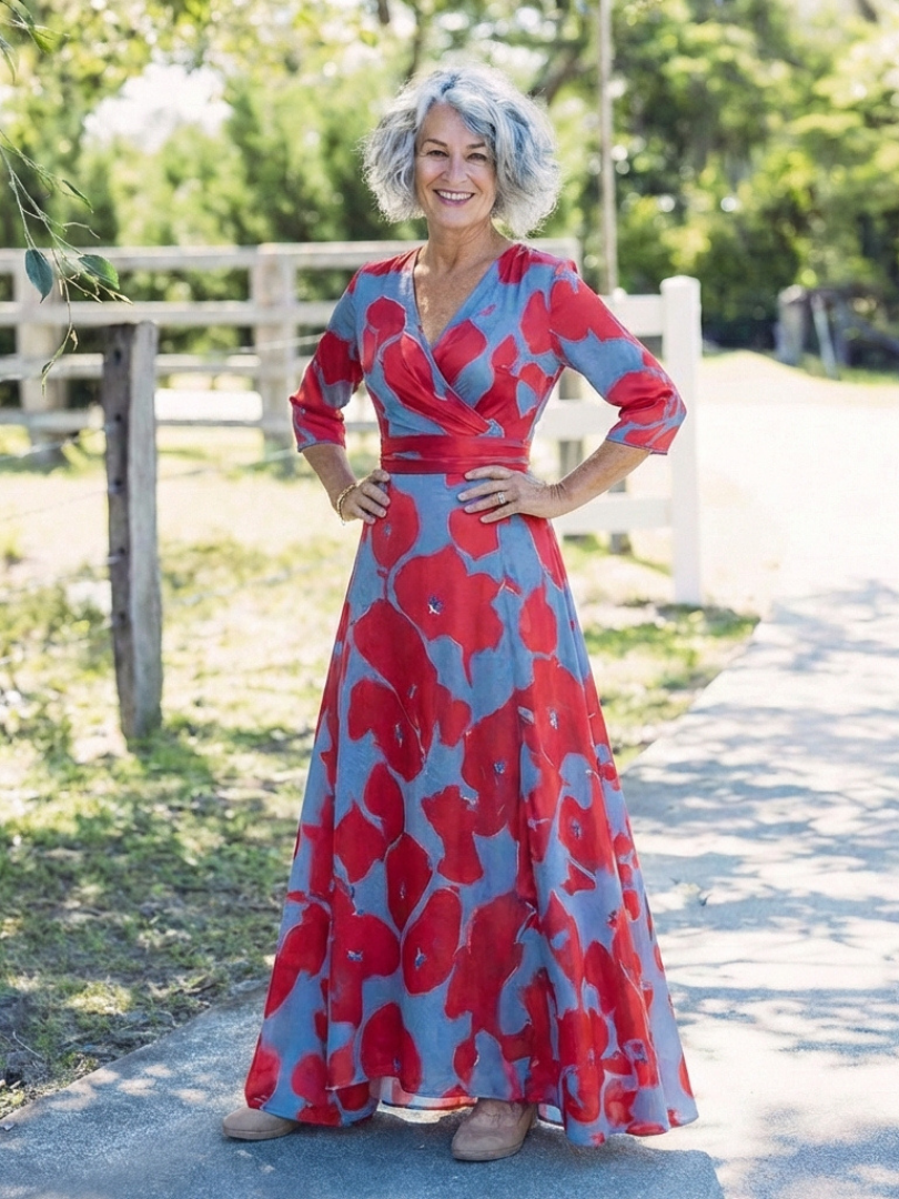 Danielle | Rochie Maxi Florală cu Mâneci Trei Sferturi și Decolteu în V