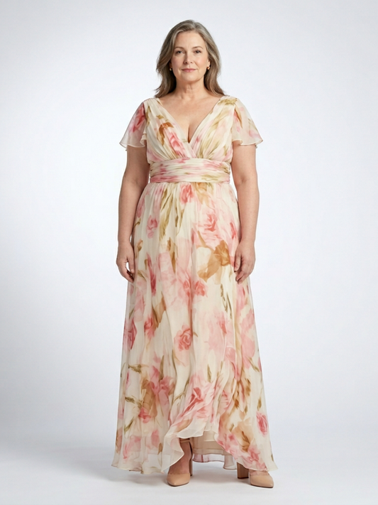 Elara | Rochie Maxi Florală cu Decolteu în V și Mâneci Scurte