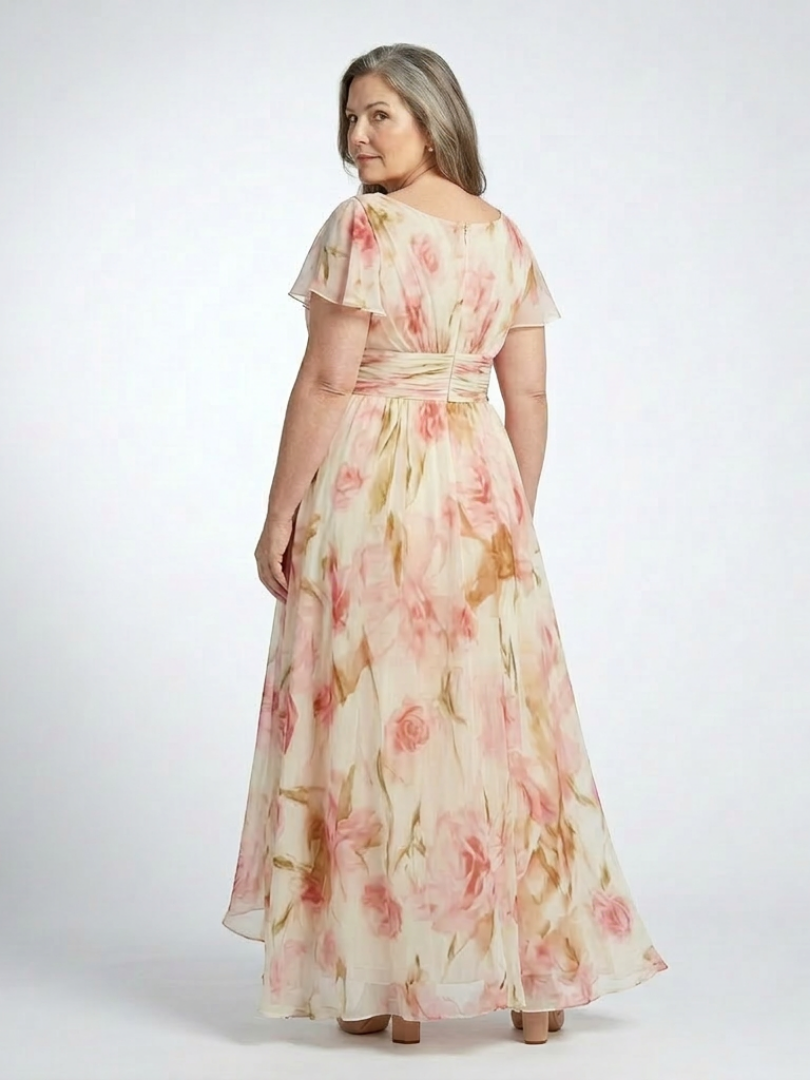 Elara | Rochie Maxi Florală cu Decolteu în V și Mâneci Scurte