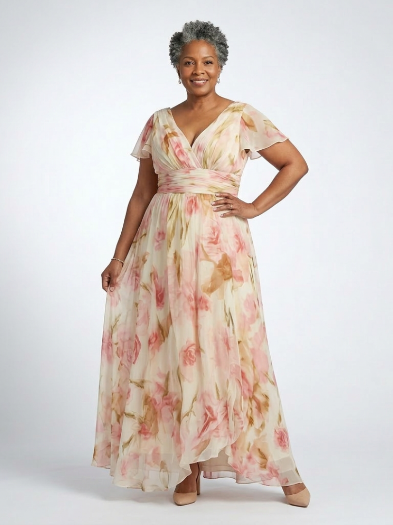 Elara | Rochie Maxi Florală cu Decolteu în V și Mâneci Scurte