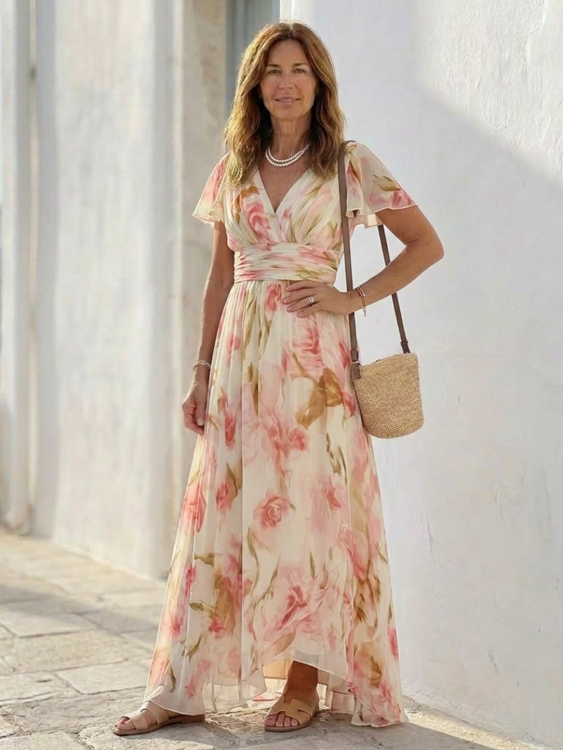 Elara | Rochie Maxi Florală cu Decolteu în V și Mâneci Scurte