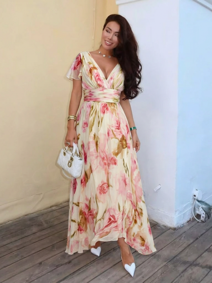 Elara | Rochie Maxi Florală cu Decolteu în V și Mâneci Scurte