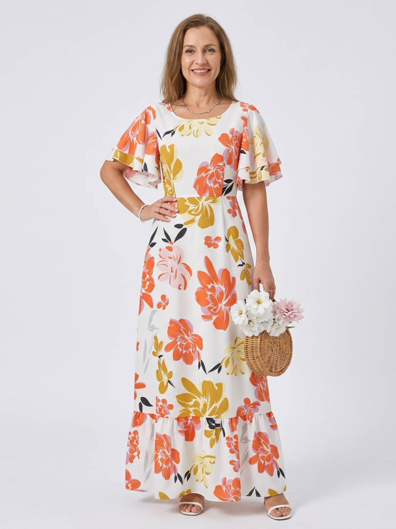 Elowen | Rochie maxi cu guler rotund și mâneci scurte