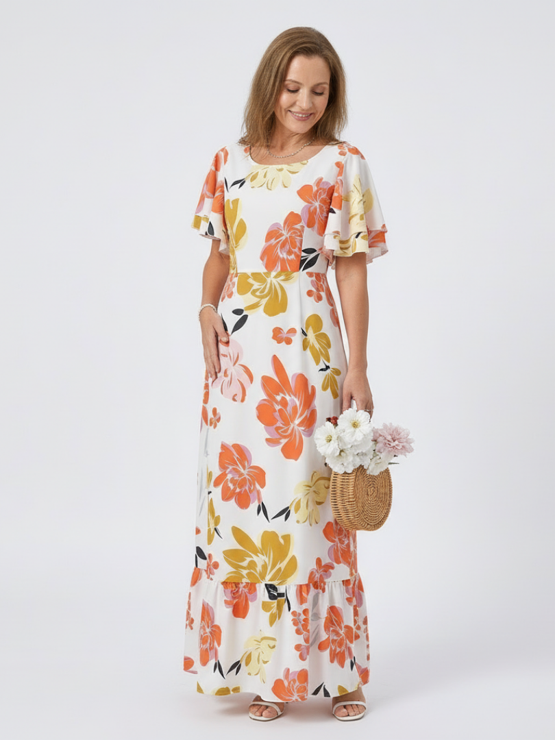 Elowen | Rochie maxi cu guler rotund și mâneci scurte