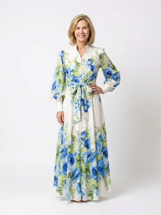 Rochie Maxi Harper cu Mâneci Lungi și Flori, cu Buton în Față