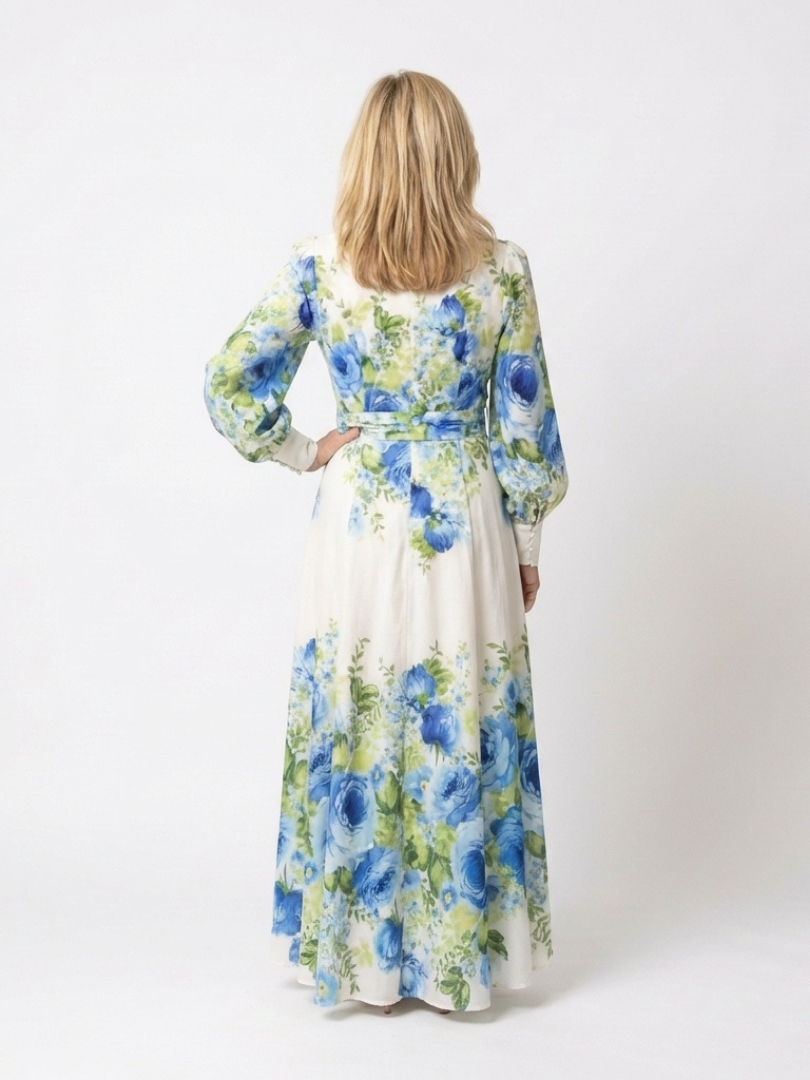 Rochie Maxi Harper cu Mâneci Lungi și Flori, cu Buton în Față