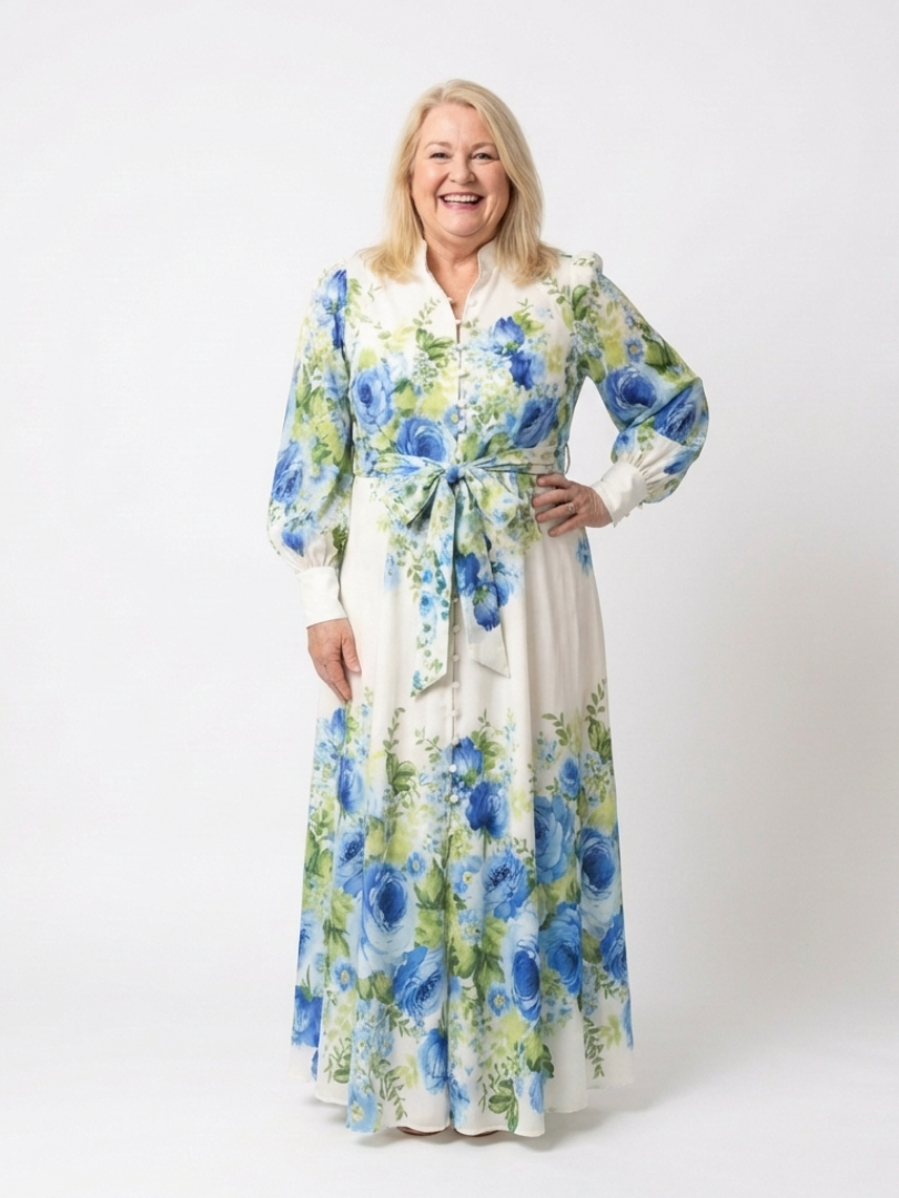 Rochie Maxi Harper cu Mâneci Lungi și Flori, cu Buton în Față