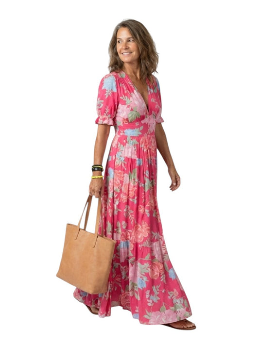 Ione - Rochie Midi cu Mâneci Scurte și Decolteu în V cu Motive Florale