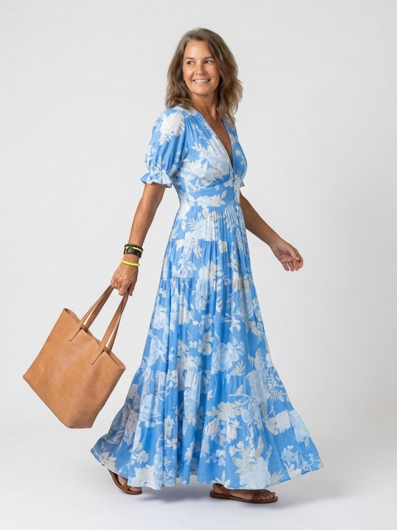 Ione - Rochie Midi cu Mâneci Scurte și Decolteu în V cu Motive Florale