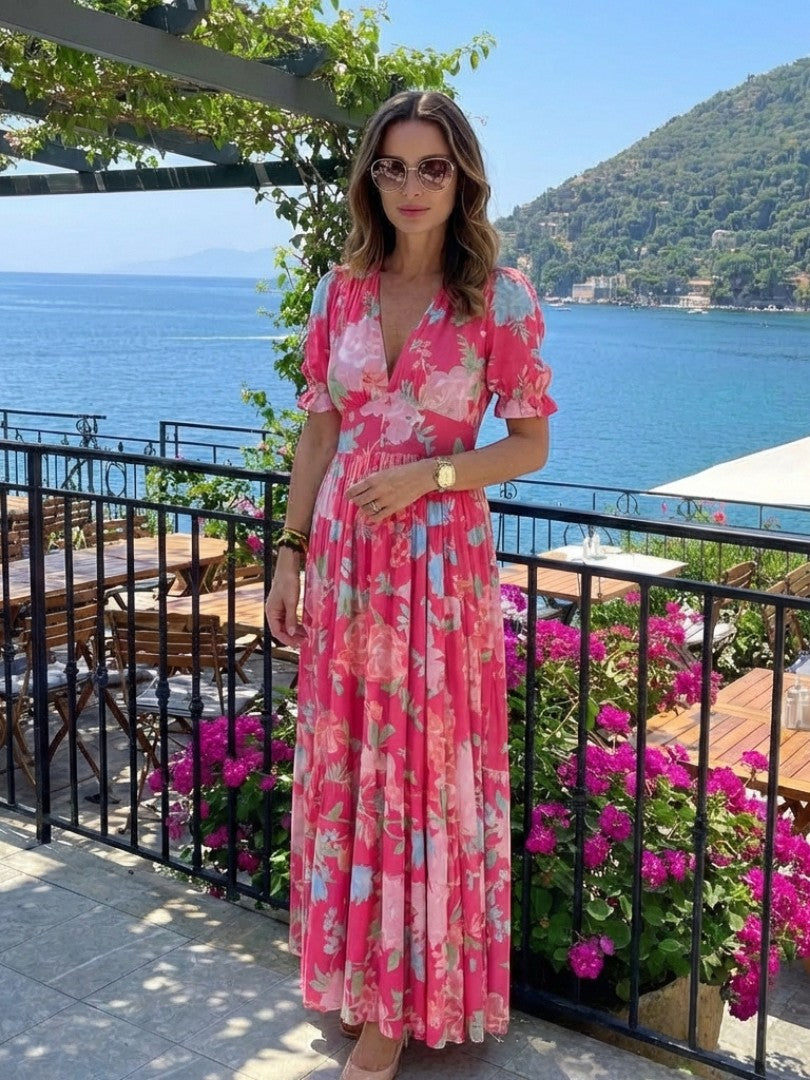 Ione - Rochie Midi cu Mâneci Scurte și Decolteu în V cu Motive Florale