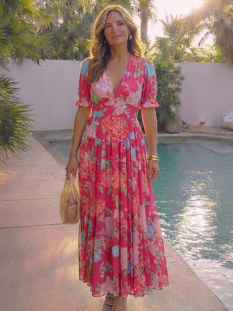 Ione - Rochie Midi cu Mâneci Scurte și Decolteu în V cu Motive Florale
