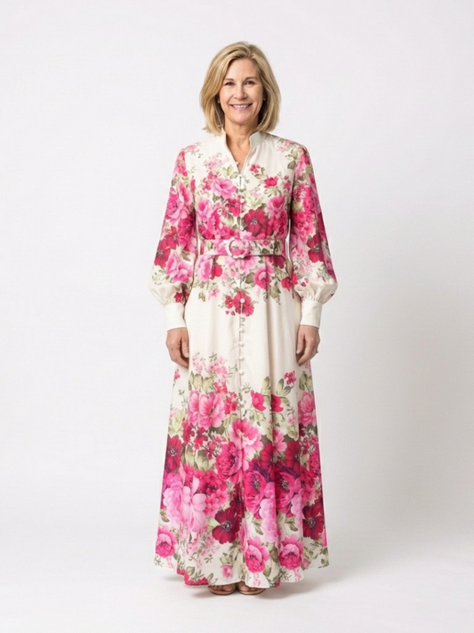 Rochie maxi Kennedy cu mâneci lungi, imprimeu floral și curea
