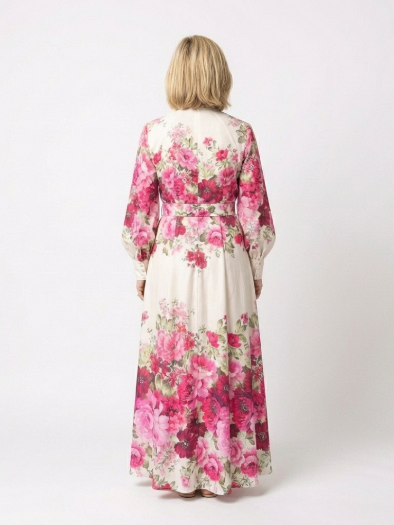 Rochie maxi Kennedy cu mâneci lungi, imprimeu floral și curea