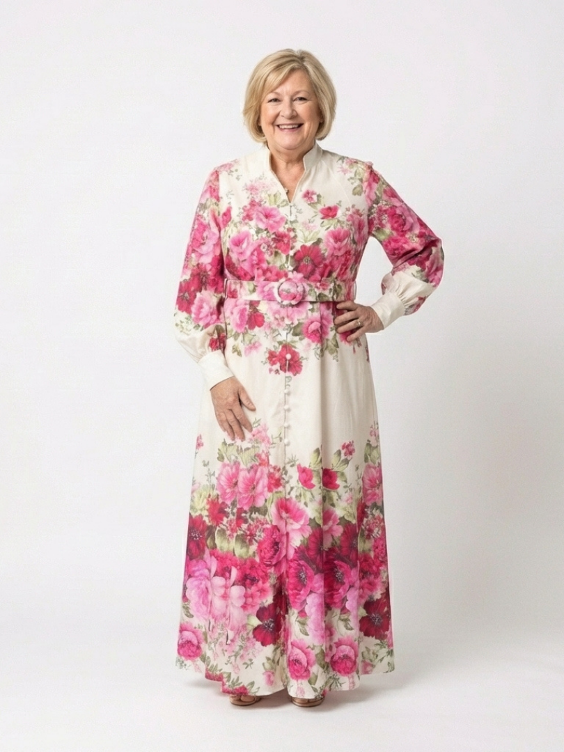 Rochie maxi Kennedy cu mâneci lungi, imprimeu floral și curea