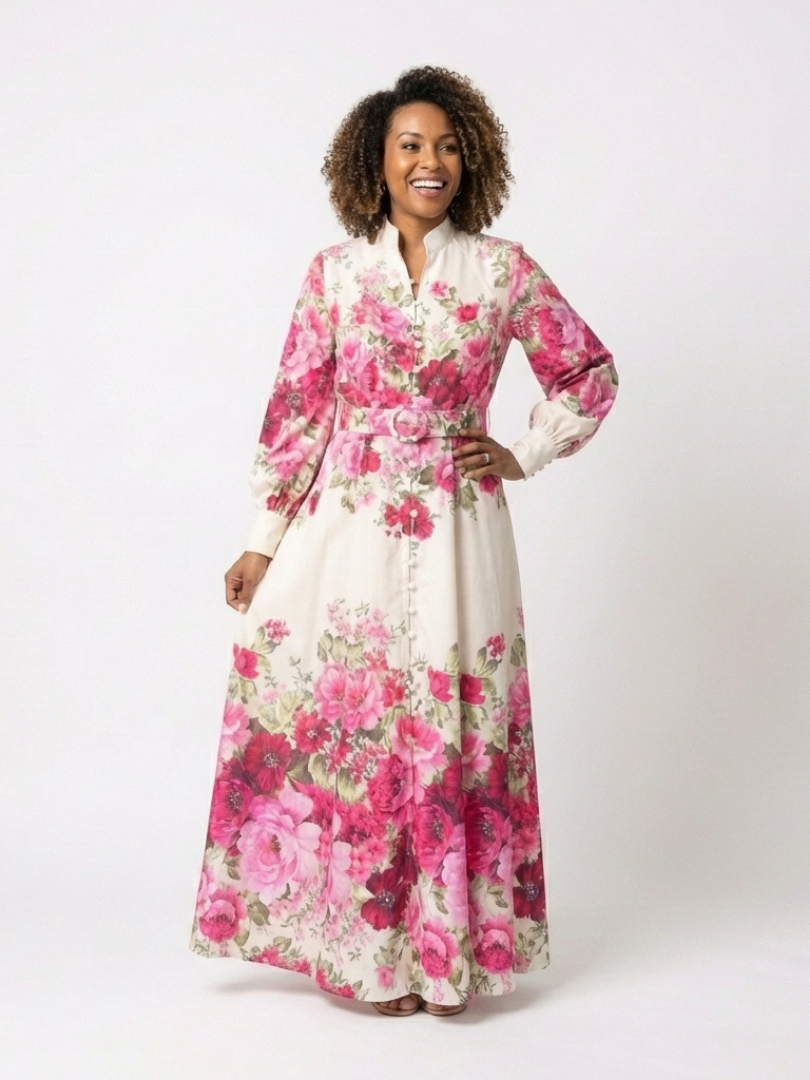 Rochie maxi Kennedy cu mâneci lungi, imprimeu floral și curea