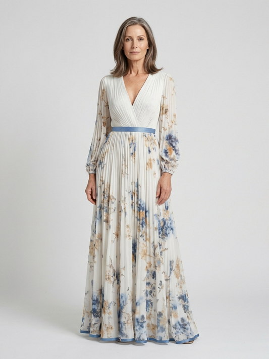 Lavinia | Rochie maxi cu mânecă lungă și decolteu în V, cu imprimeu floral