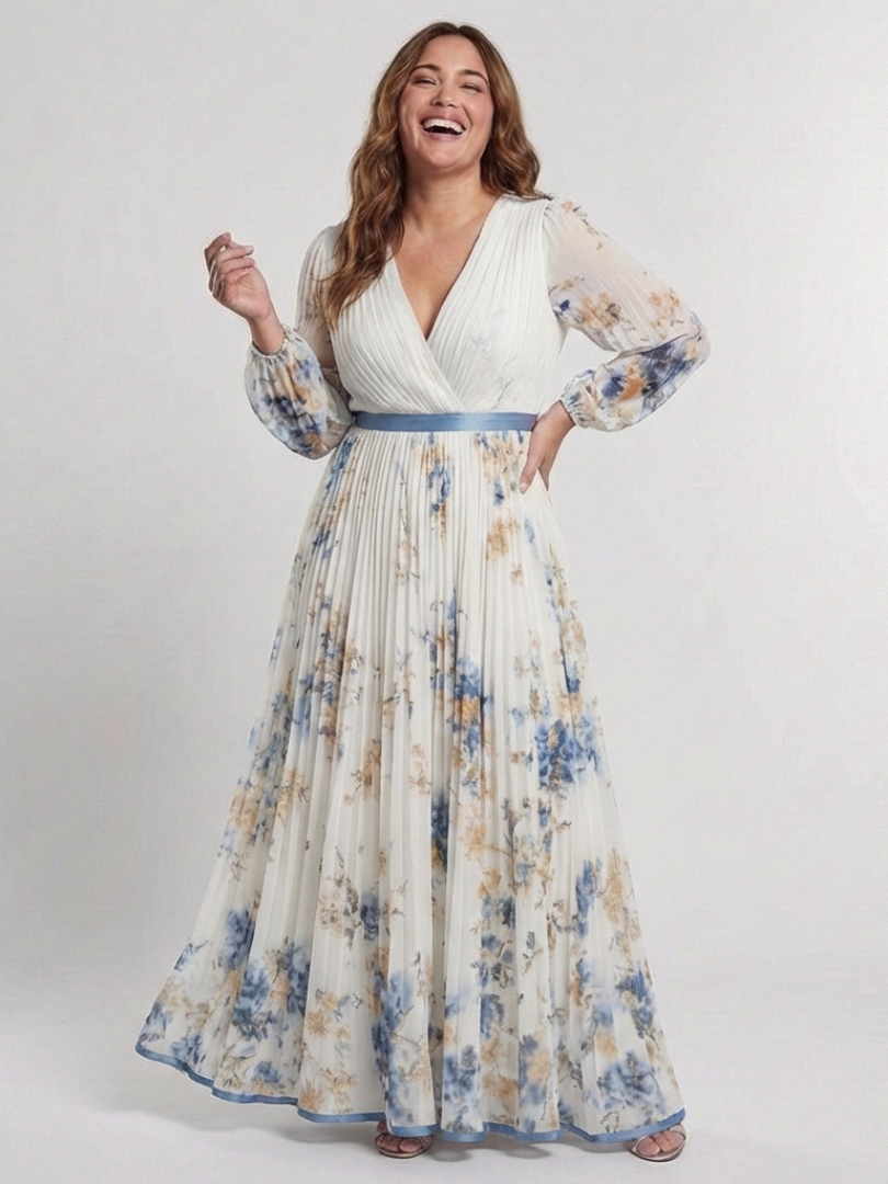 Lavinia | Rochie maxi cu mânecă lungă și decolteu în V, cu imprimeu floral
