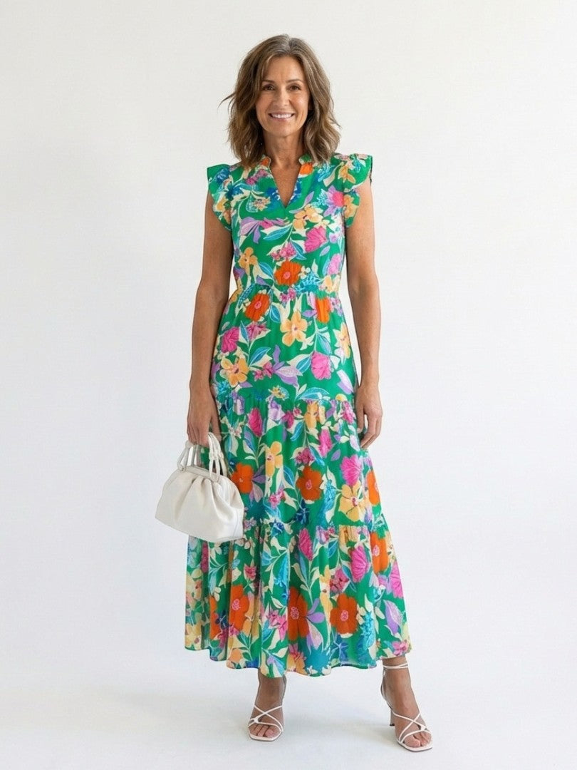 Lila - Rochie Midi Stratificată cu Decolteu în Formă de V cu Motive Florale