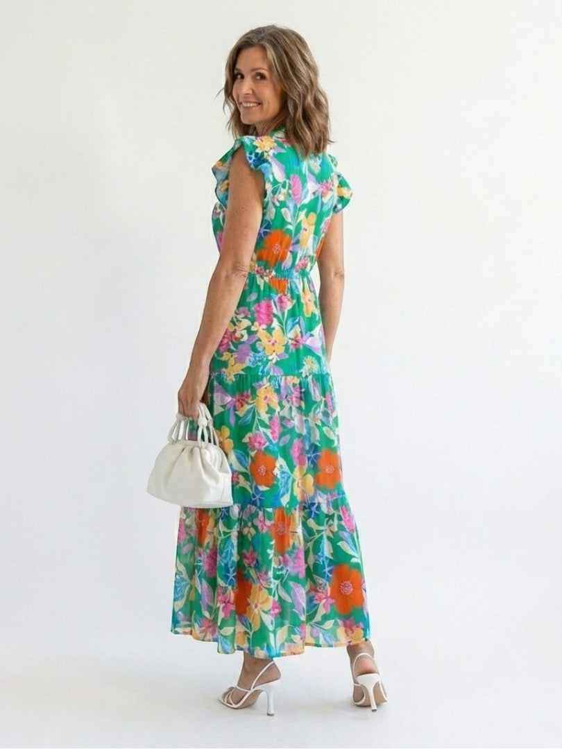 Lila - Rochie Midi Stratificată cu Decolteu în Formă de V cu Motive Florale