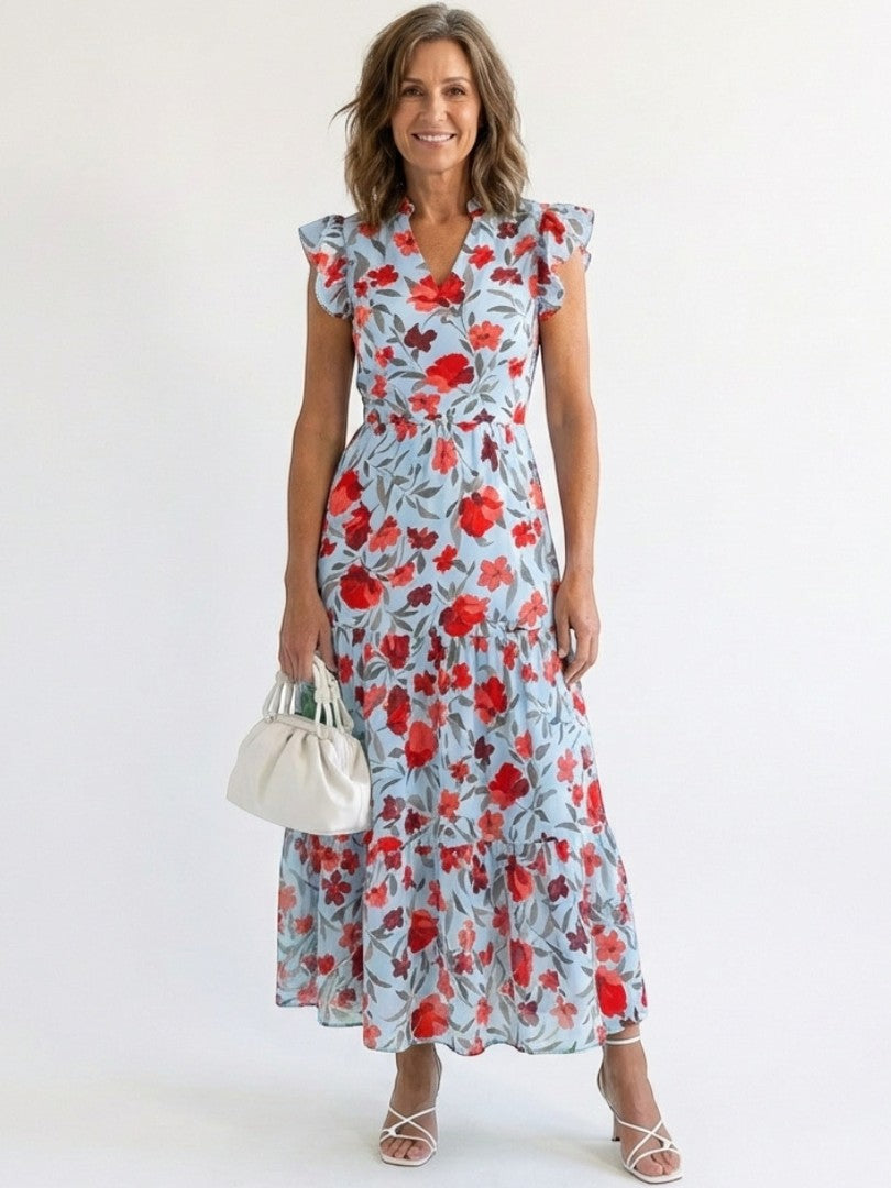 Lila - Rochie Midi Stratificată cu Decolteu în Formă de V cu Motive Florale