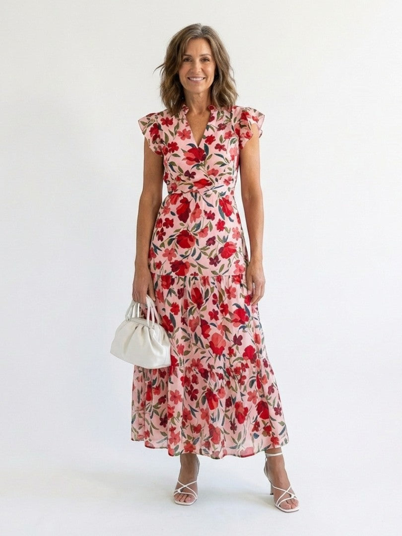 Lila - Rochie Midi Stratificată cu Decolteu în Formă de V cu Motive Florale