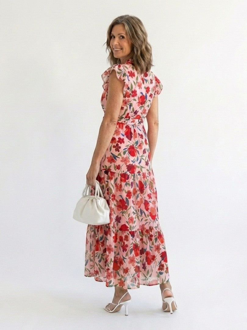 Lila - Rochie Midi Stratificată cu Decolteu în Formă de V cu Motive Florale