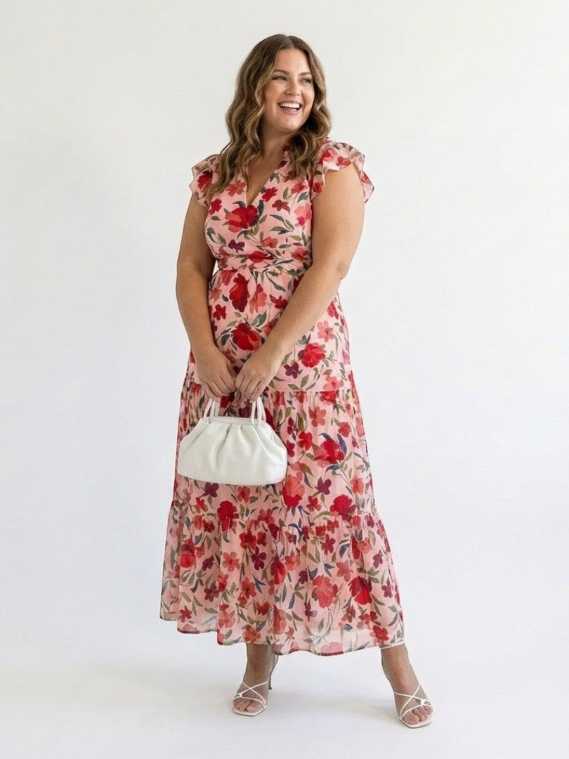 Lila - Rochie Midi Stratificată cu Decolteu în Formă de V cu Motive Florale