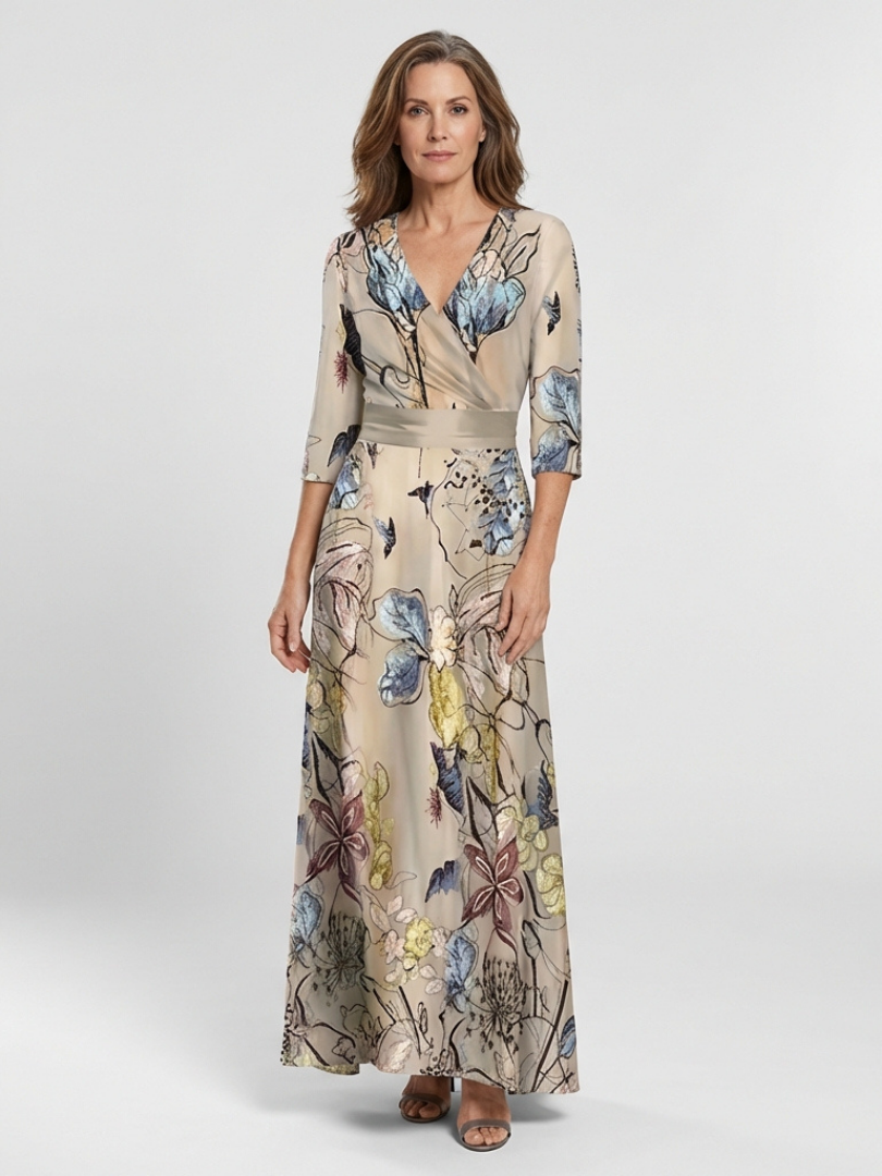 Rochie Maxi Margaret cu Imprimeu Floral și Mâneci Trei Sferturi