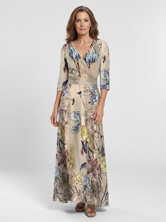 Rochie Maxi Margaret cu Imprimeu Floral și Mâneci Trei Sferturi