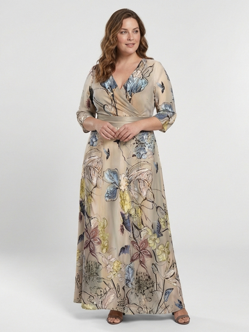 Rochie Maxi Margaret cu Imprimeu Floral și Mâneci Trei Sferturi