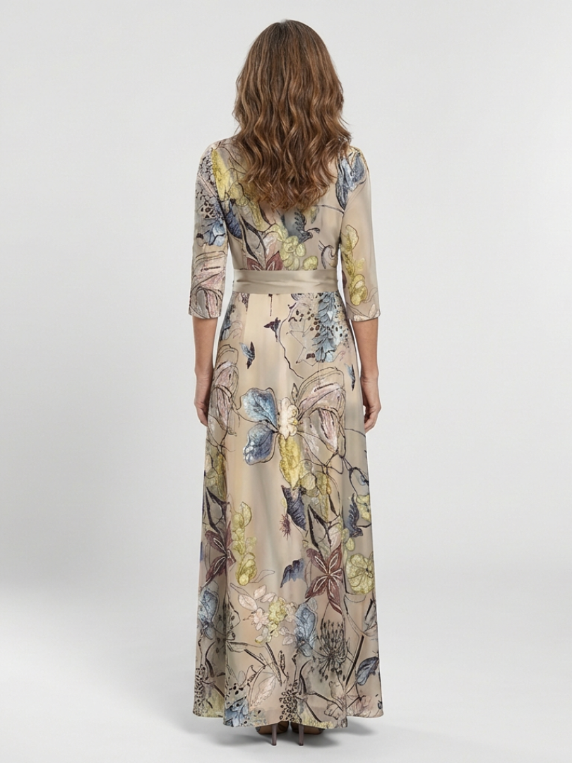 Rochie Maxi Margaret cu Imprimeu Floral și Mâneci Trei Sferturi