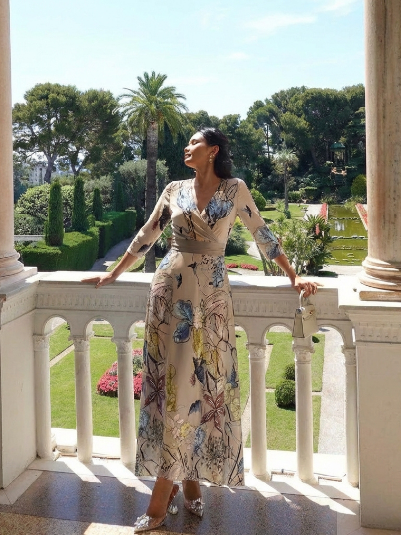 Rochie Maxi Margaret cu Imprimeu Floral și Mâneci Trei Sferturi