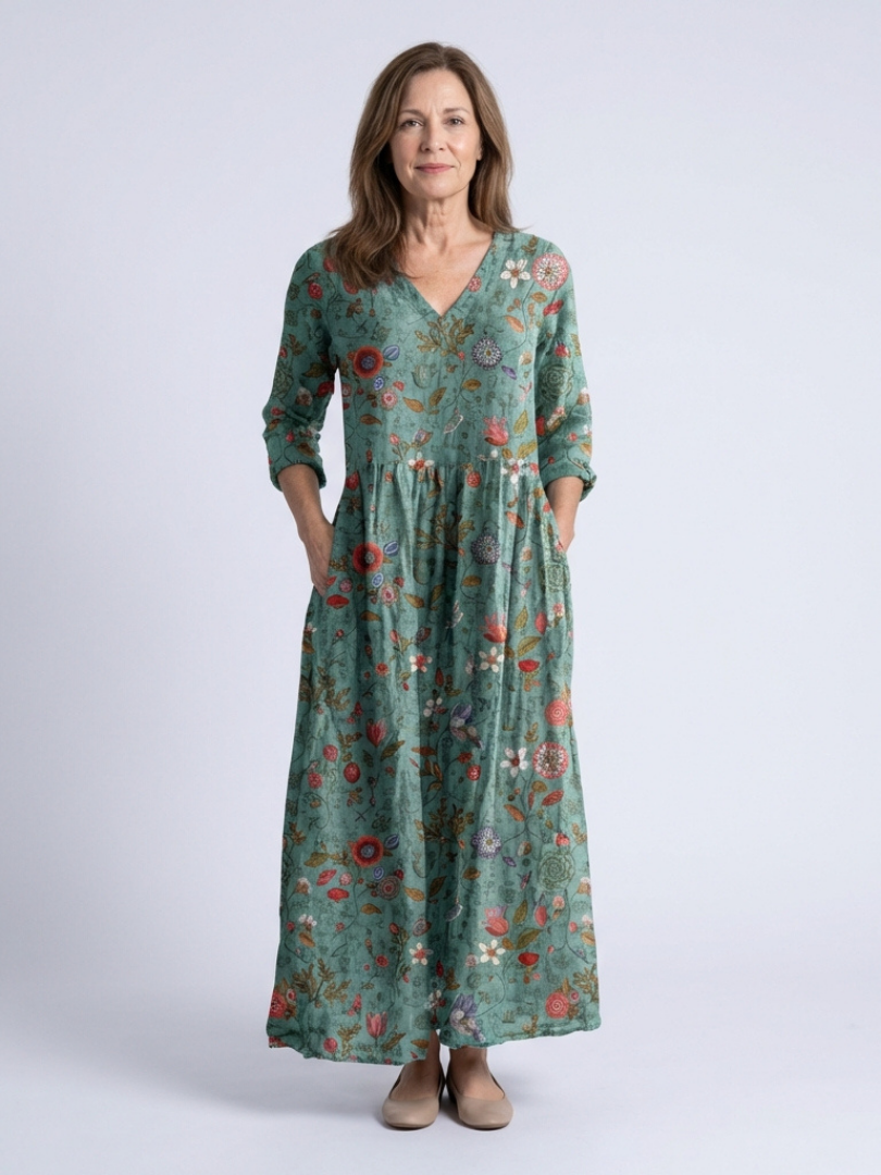 Marina | Rochie Maxi Florală cu Decolteu în V și Mâneci 3/4