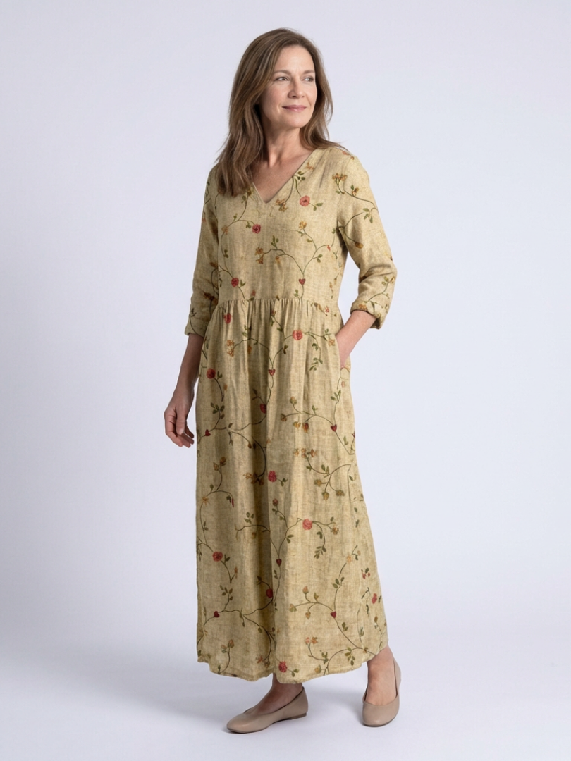 Marina | Rochie Maxi Florală cu Decolteu în V și Mâneci 3/4