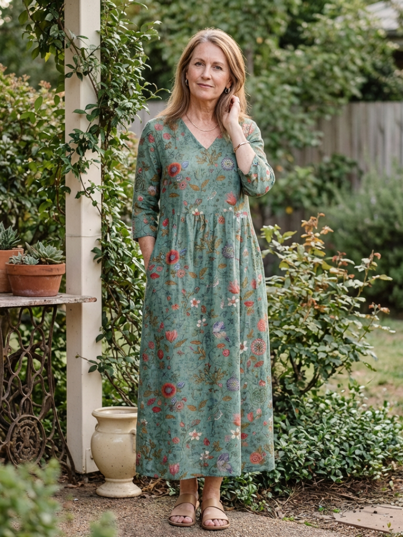 Marina | Rochie Maxi Florală cu Decolteu în V și Mâneci 3/4