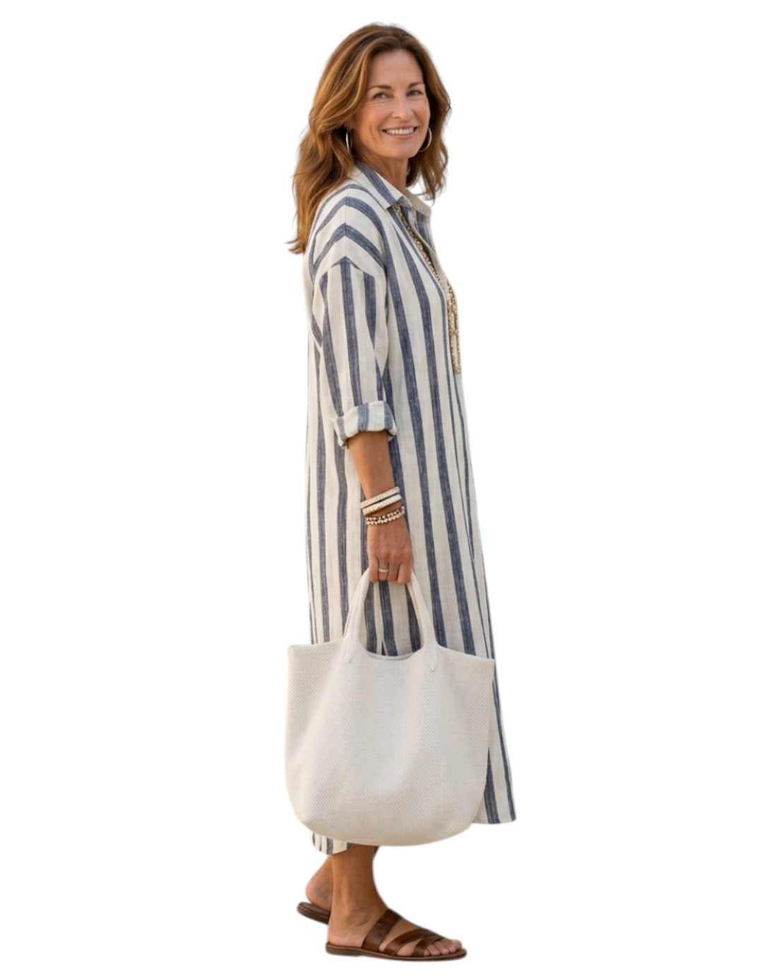 Naomi | Rochie midi cu mâneci lungi și dungi