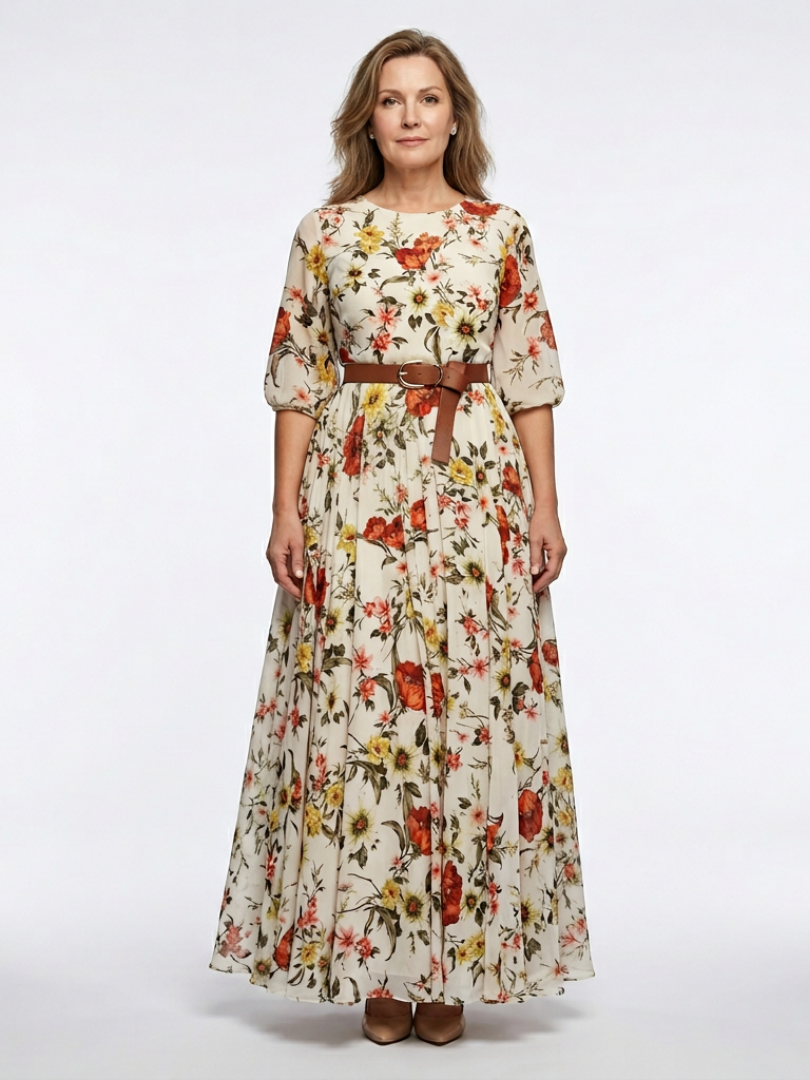 Odelia | Rochie Maxi cu Guler Rotund și Mâneci 3/4 cu Centură