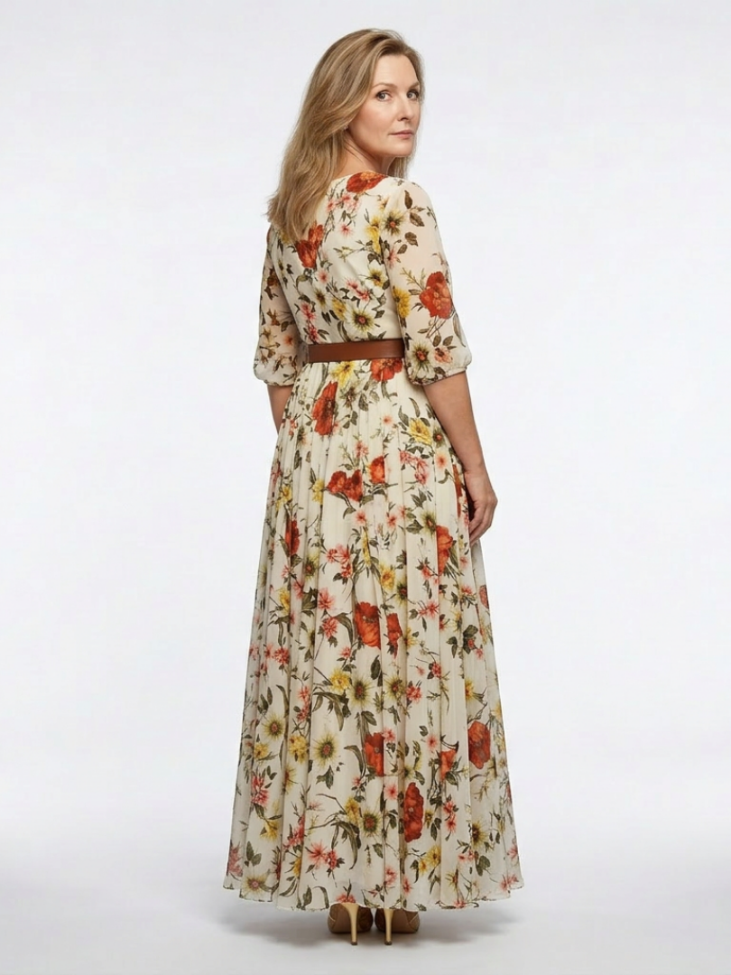 Odelia | Rochie Maxi cu Guler Rotund și Mâneci 3/4 cu Centură