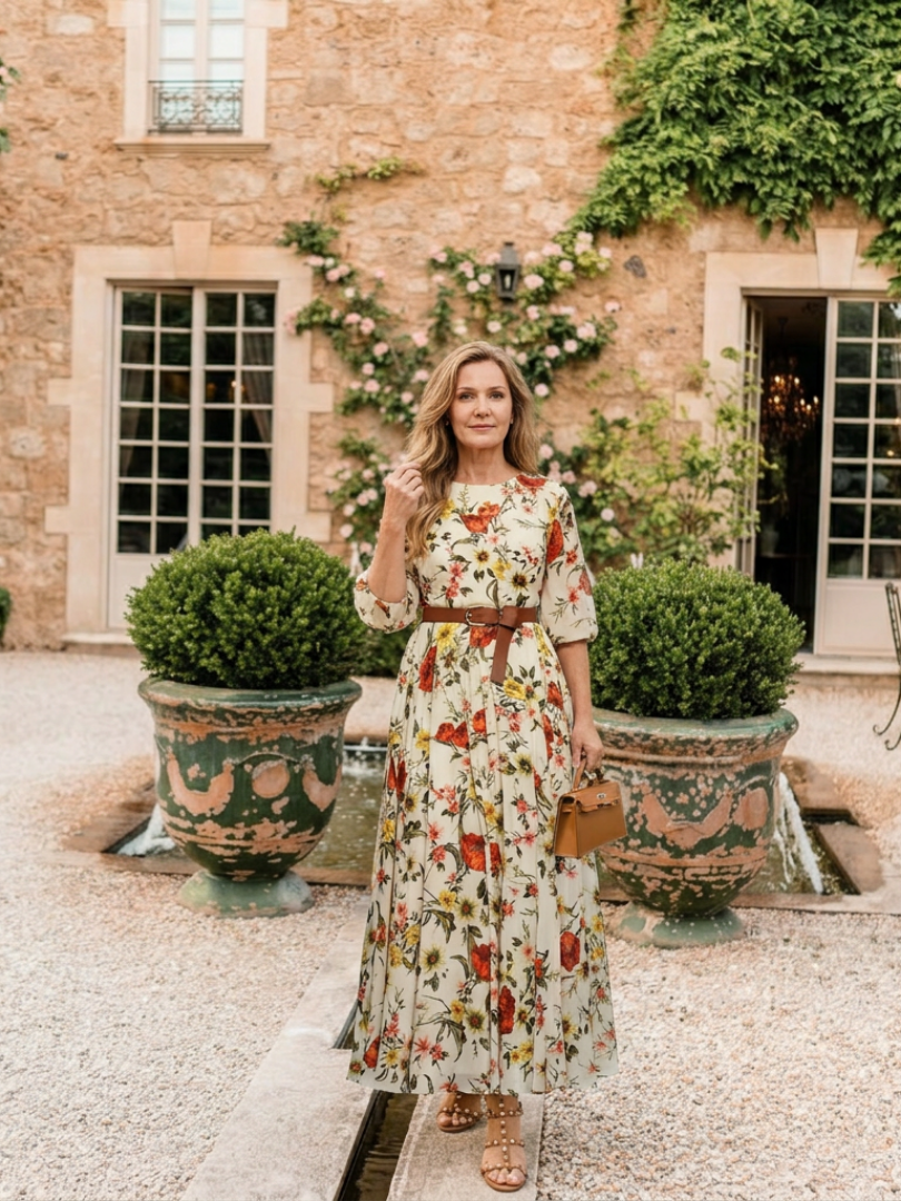 Odelia | Rochie Maxi cu Guler Rotund și Mâneci 3/4 cu Centură